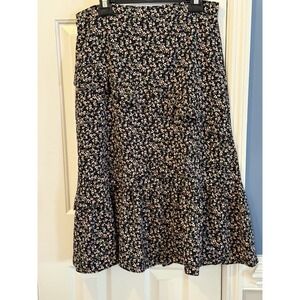 Luna Wom BOHO Midi Dress L  Cottage Floral Romantic Ruffle Hem 1/2 Elastic Waist